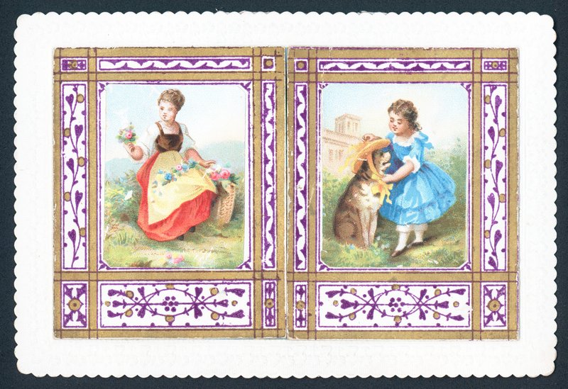 Girl with flowers and putting hat on dog by English School
