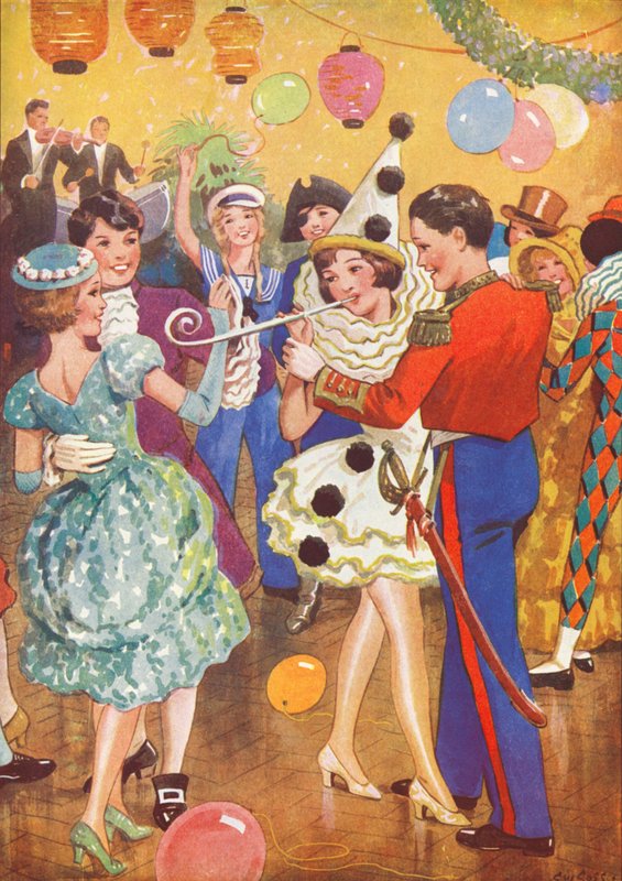 Girls dancing with boys at a fancy dress party by English School