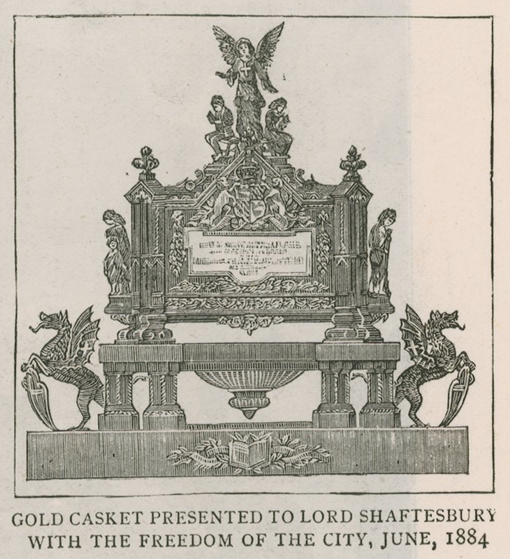 Gold casket presented to Lord Shaftesbury with the freedom of the city, June 1884 by English School