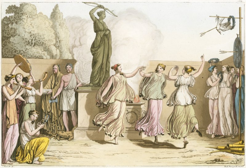 Greek women dancing around statue of Diana by English School
