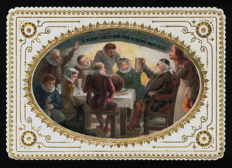 Group of Men and Women from the 16th Century Toasting the Festive Season, Christmas Greetings Card by English School