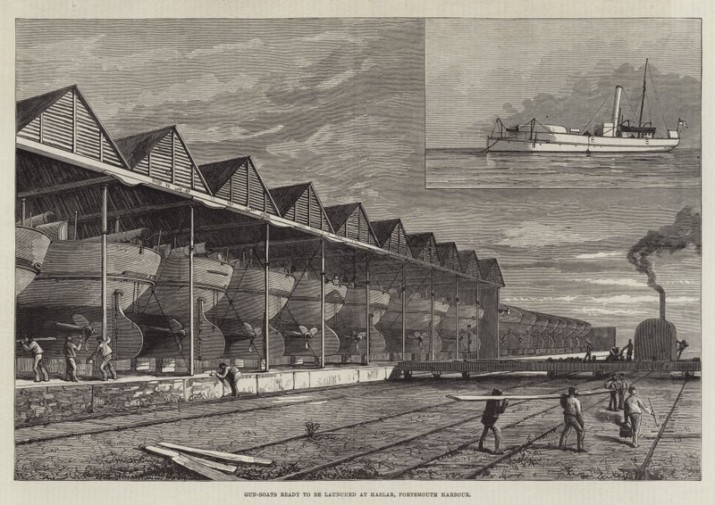 Gun-Boats ready to be launched at Haslar, Portsmouth Harbour by English School