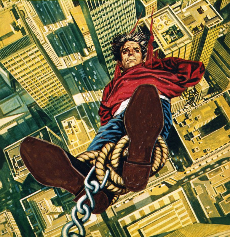 Harry Houdini suspended from the top of a New York skyscraper by English School