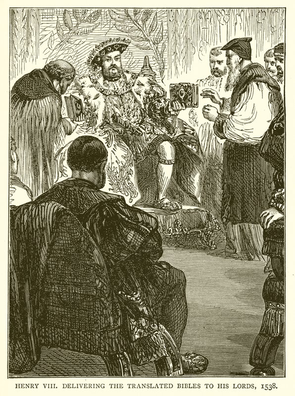 Henry VIII delivering the Translated Bibles to his Lords, 1538 by English School