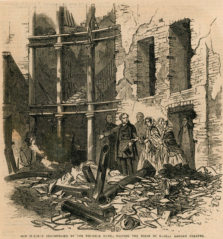 Her Majesty, accompanied by the Princess Royal, visiting the ruins of Covent Garden Theatre, London by English School