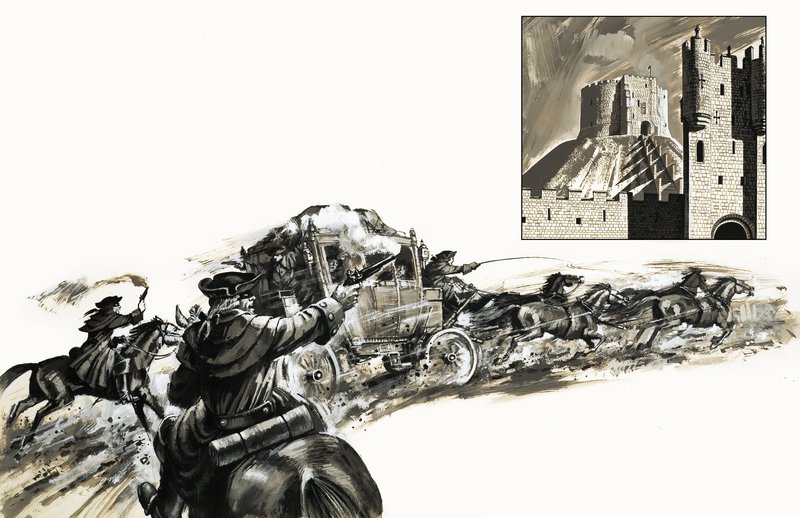 Highwaymen give chase to a coach by English School