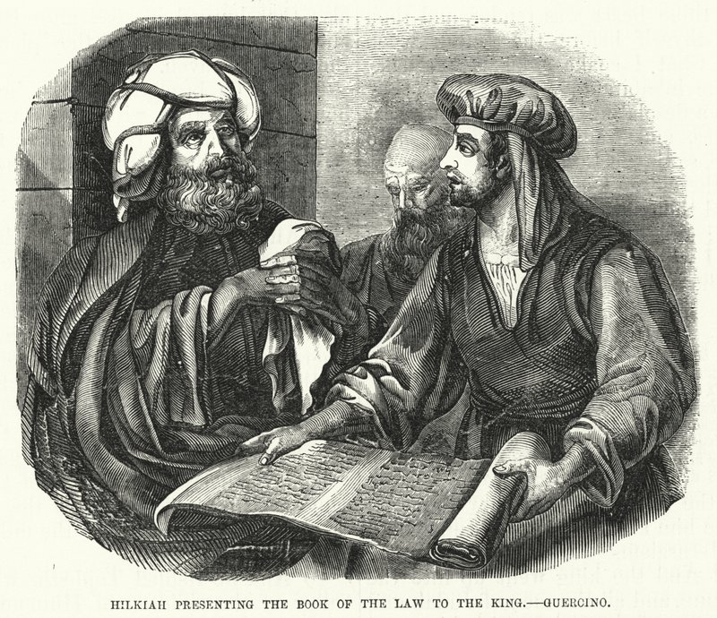 Hilkiah presenting the Book of the Law to the King (engraving) by English School