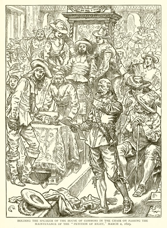 Holding the Speaker of the House of Commons in the Chair on passing the Maintenance of the Petition of Right, March 2, 1629 by English School