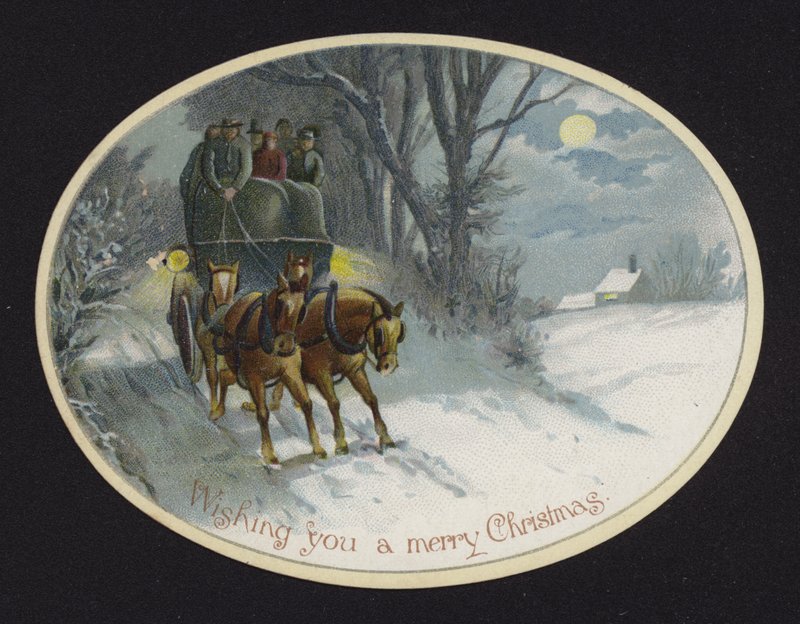 Horse-drawn carriage traveling through the snow by English School