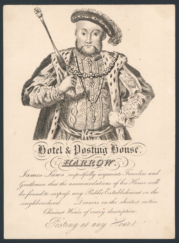 Hotel and Posting House, Harrow, trade card by English School