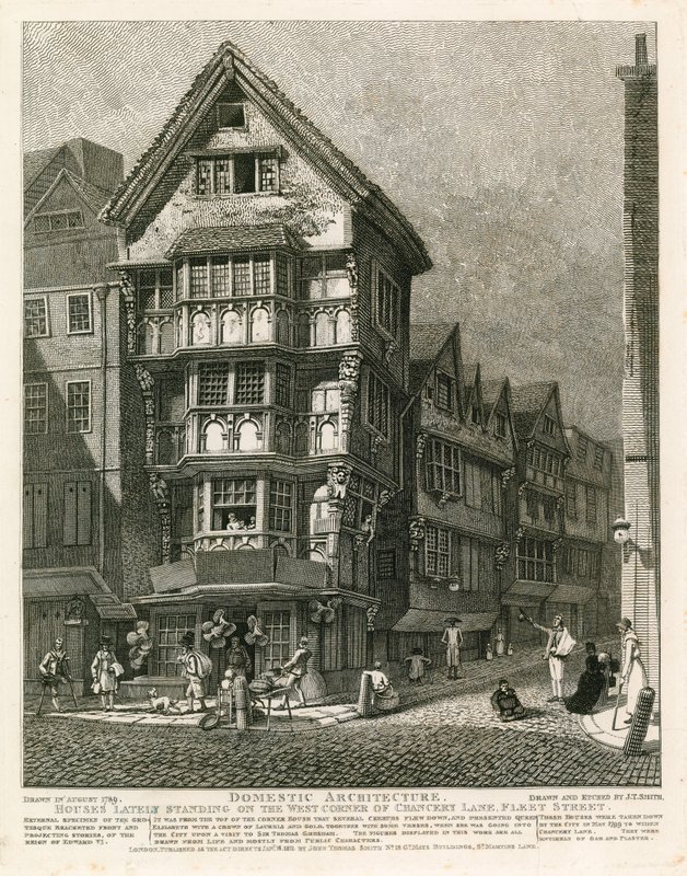 Houses lately standing on the west corner of Chancery Lane, Fleet Street, London by English School