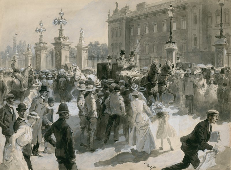 Illness of King Edward VII, the doctors leave the Palace, June 1902 by English School
