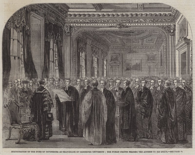Inauguration of the Duke of Devonshire as Chancellor of Cambridge University, the Public Orator reading the Address to His Grace by English School