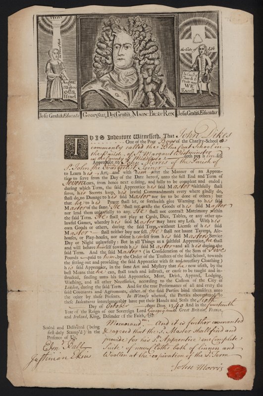 Indenture of apprenticeship for a boy from the Bluecoat charity school in Westminster, London by English School