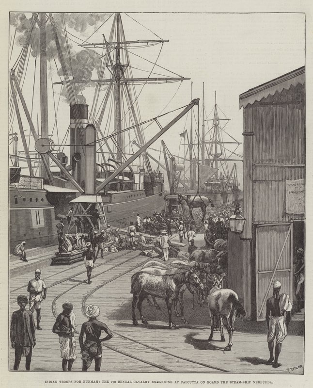 Indian Troops for Burmah, the 7th Bengal Cavalry embarking at Calcutta on Board the Steam-Ship Nerbudda by English School