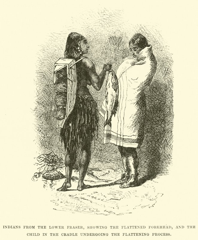 Indians from the Lower Fraser, showing the flattened forehead, and the child in the cradle undergoing the flattening process by English School