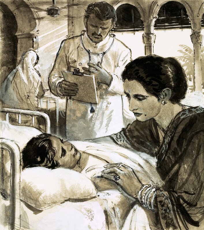 Indira Gandhi watching over a child in hospital by English School