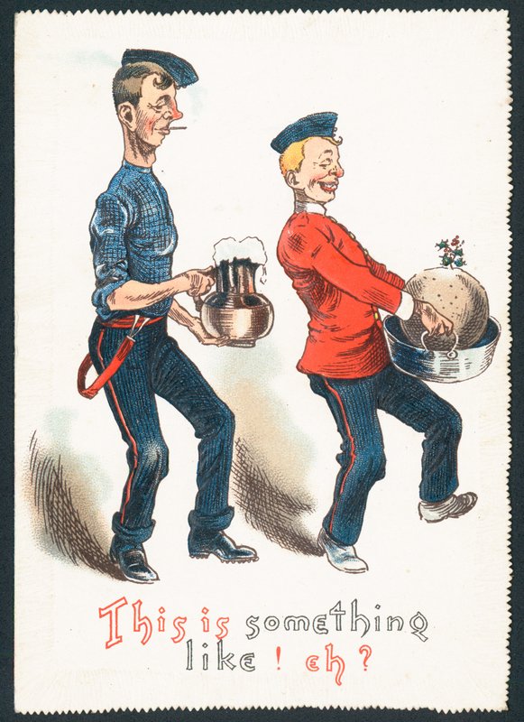 Inebriated Gentlemen Carrying Plum Pudding and Drink (Humorous) by English School