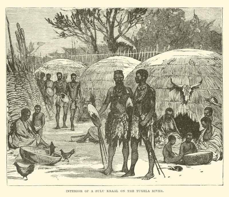 Interior of a Zulu Kraal on the Tugela River by English School