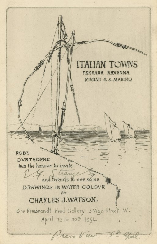 Invitation to an Exhibition of Drawings in Water Colour by Charles J Watson by English School