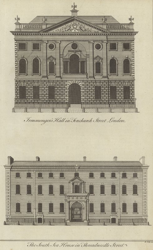 Ironmongers Hall, Fenchurch Street and the South Sea House, Threadneedle Street, London by English School