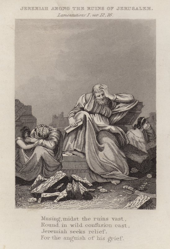 Jeremiah Among the Ruins of Jerusalem, Lamentations 1:12 by English School