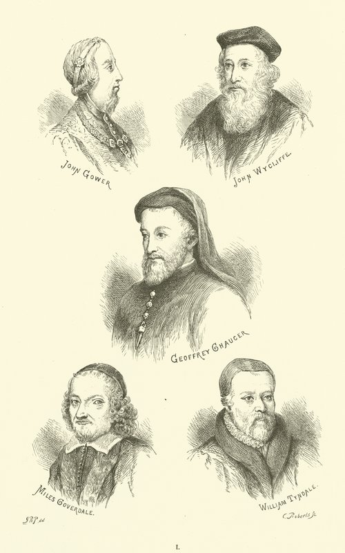 John Gower, John Wycliffe, Geoffrey Chaucer, Miles Coverdale, William Tyndale by English School