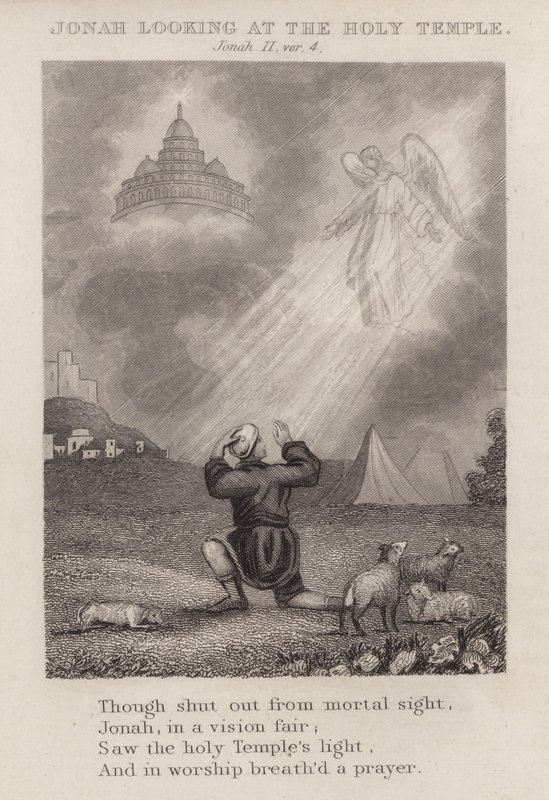 Jonah Looking at the Holy Temple, Jonah II, ver 4 (engraving) by English School