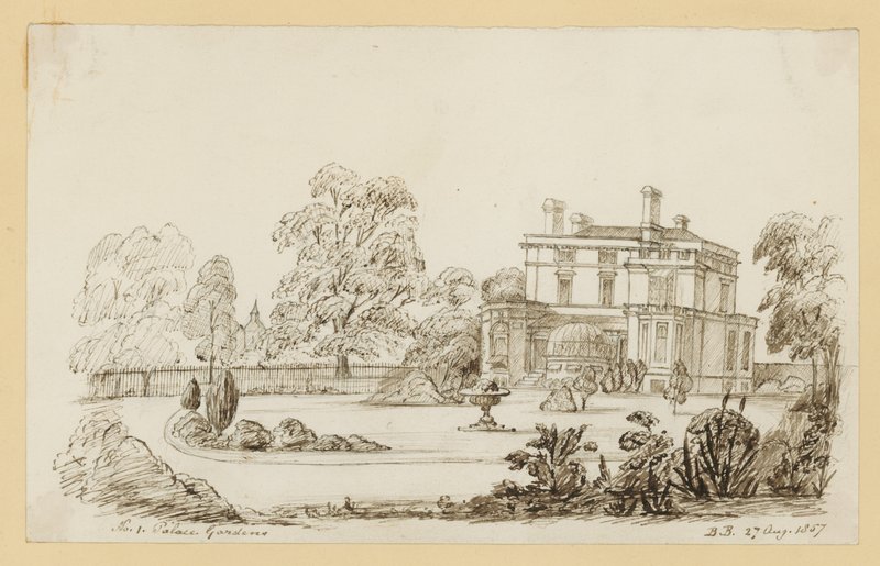 Kensington Palace Gardens; dated 27 August 1857 by English School