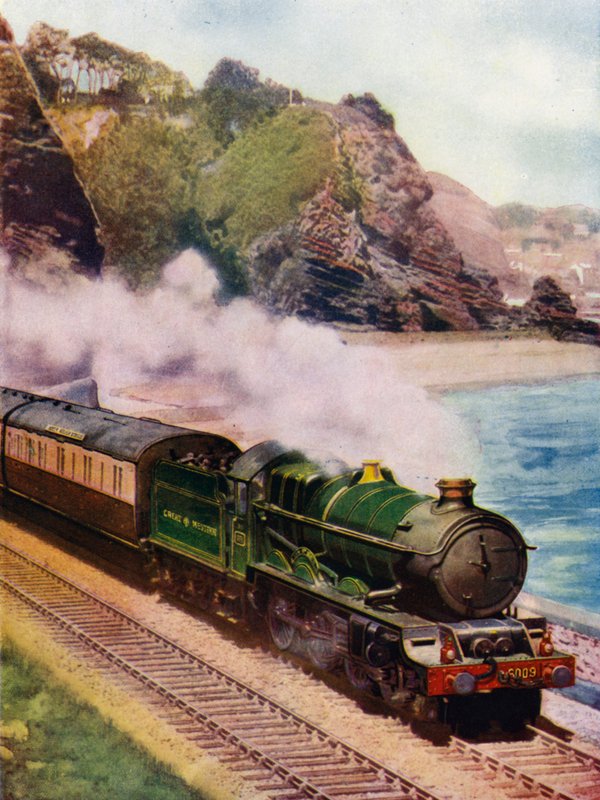King Charles II, Great Western Railway (GWR) King class 4-6-0 steam locomotive, hauling the Cornish Riviera express along the coast between Dawlish and Teignmouth, Devon by English School