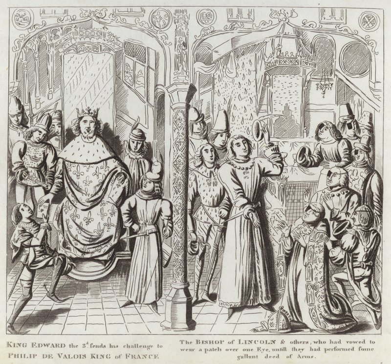 King Edward III sends his Challenge to Philip de Valois King of France, the Bishop of Lincoln & others, who had vowed to wear a Patch over one Eye until they had performed some Gallant Deed of Arms by English School