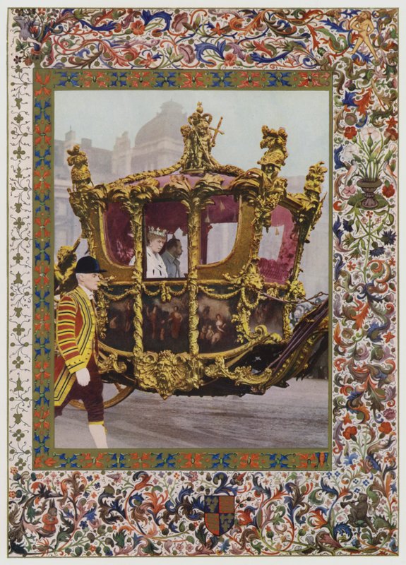 King George V and Queen Mary riding in the State Coach by English School