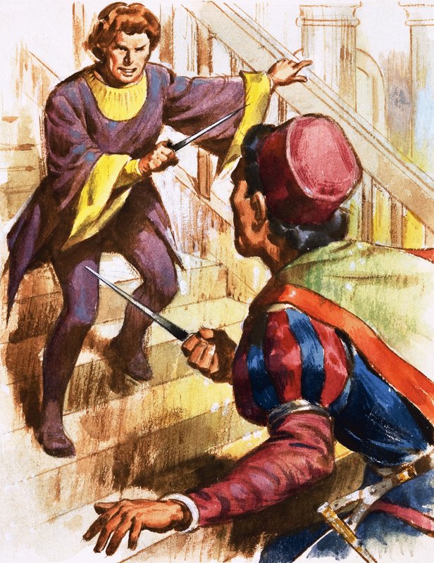 Knife fight on the stairs by English School