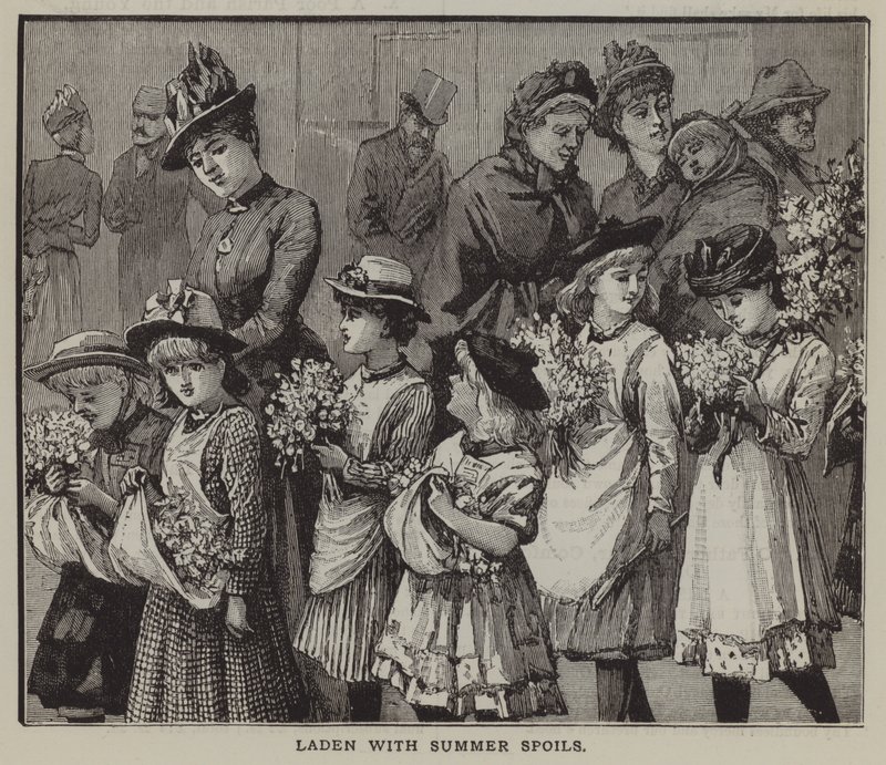 Laden with summer spoils: a group of city children after a summer trip to the countryside by English School