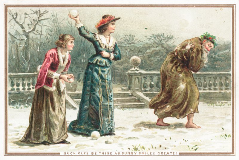 Ladies throwing snowballs at old man by English School