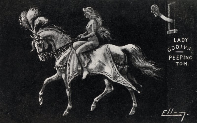 Lady Godiva Riding Naked on Horseback Through the Streets of Coventry, Watched by a Peeping Tom by English School