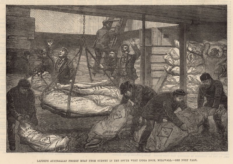 Landing Australian Frozen Meat in the South West India Dock, Millwall by English School
