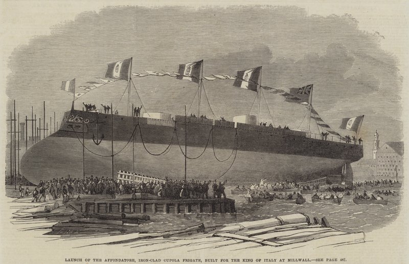 Launch of the Affondatore, Iron-Clad Cupola Frigate, Built for the King of Italy at Millwall, 1865 by English School