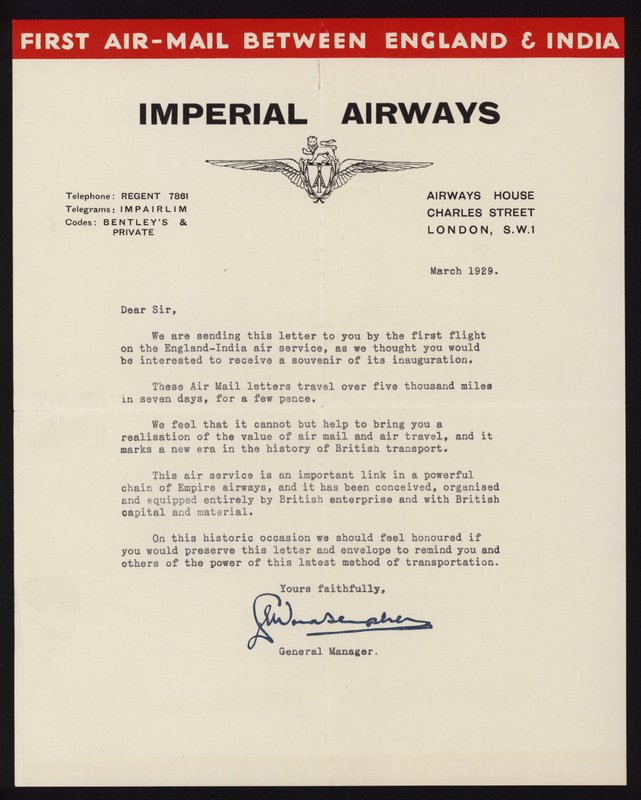Launch of the First Air-Mail Service Between England and India by Imperial Airways in March 1929 by English School