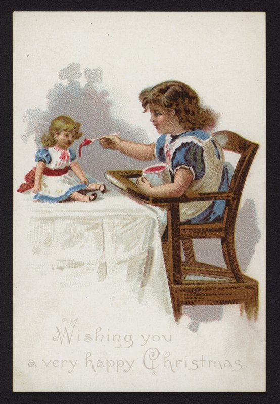 Little Girl Playing at Feeding Her Doll, Christmas Greetings Card, Late 19th or Early 20th Century by English School