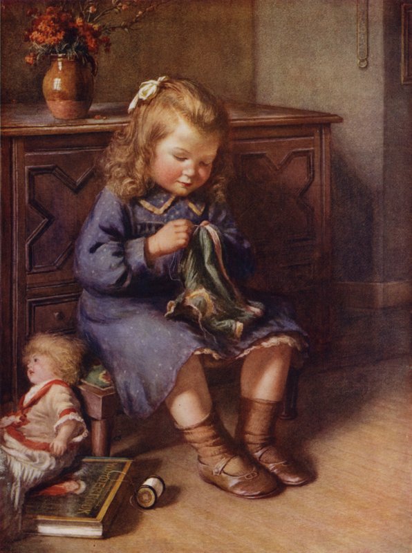 Little Girl Sewing Clothes for Her Doll by English School