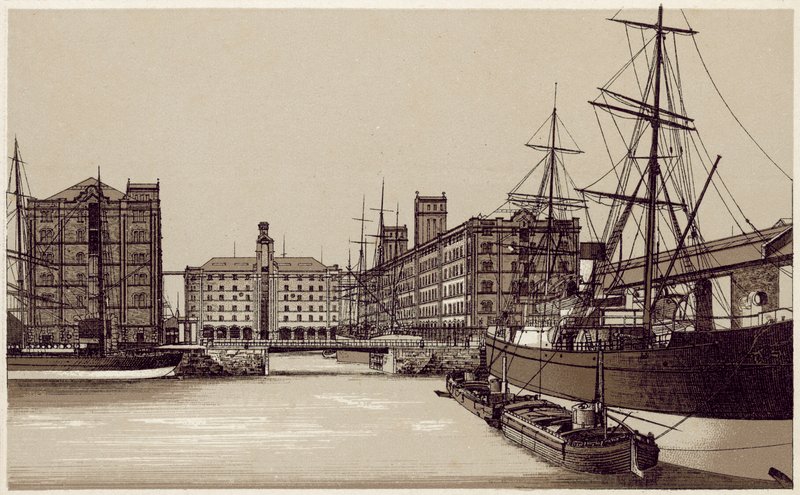 Liverpool: Waterloo Dock and Grain Warehouses by English School