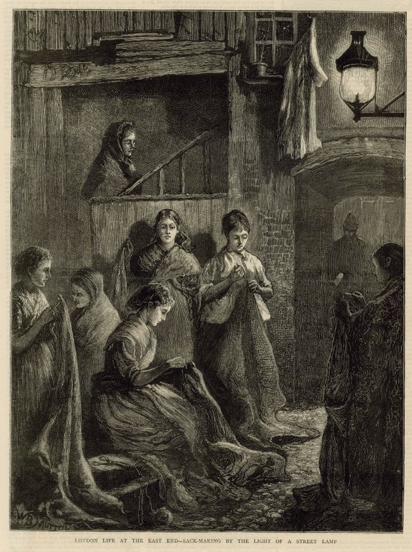 London Life at the East End - Sack-Making by the Light of a Street Lamp by English School