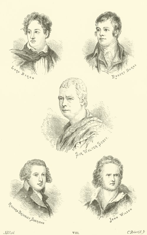 Lord Byron, Robert Burns, Sir Walter Scott, Richard Brinsley Sheridan, John Wilson by English School