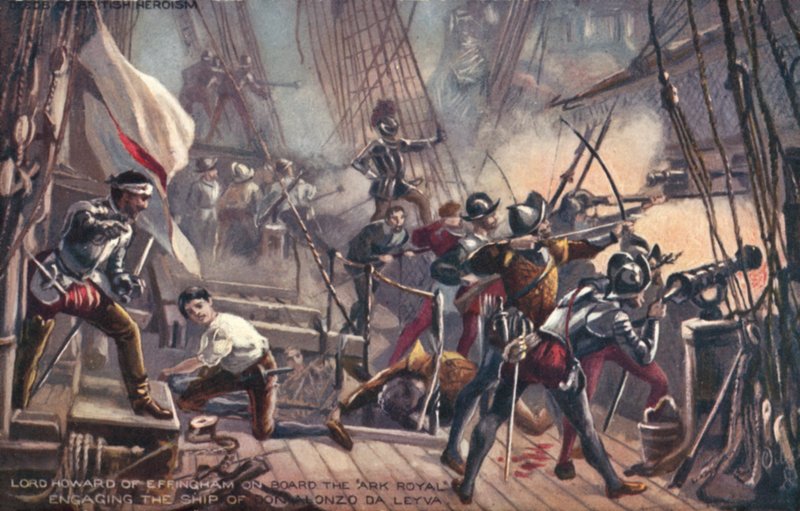 Lord Howard of Effingham on the Ark Royal, engaging Don Alonzo da Leyva, Spanish Armada by English School