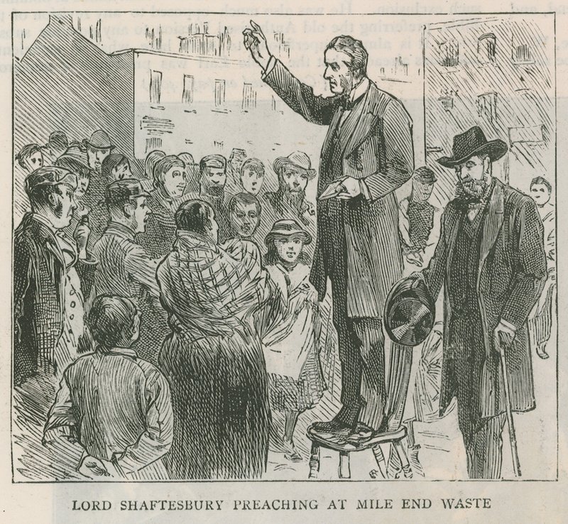 Lord Shaftesbury preaching at Mile End Waste, London by English School