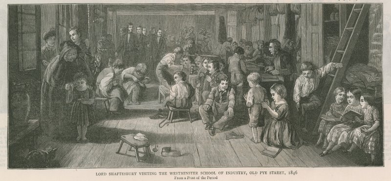 Lord Shaftesbury visiting the Westminster School of Industry, Old Pye Street, London, 1846 by English School