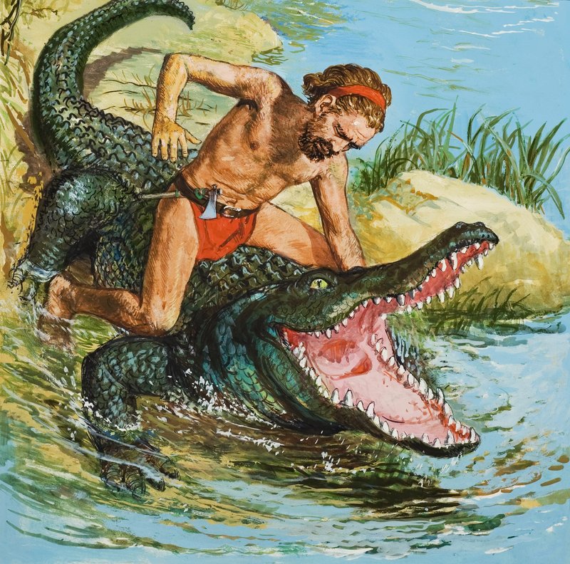 Louis, the Desert Island Castaway, attacking a crocodile by English School
