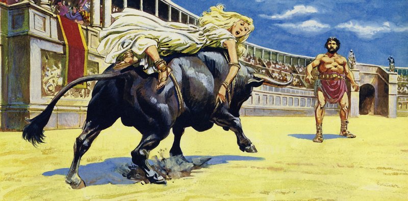 Lygia was tied to the back of a black bull by English School