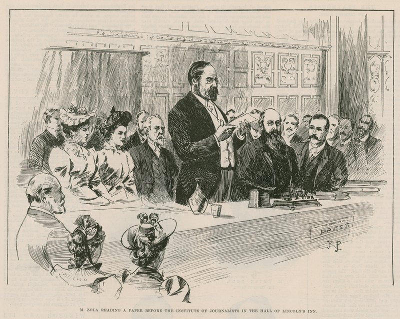 M Emile Zola reading a paper before the Institute of Journalists in the hall of Lincolns Inn, London by English School